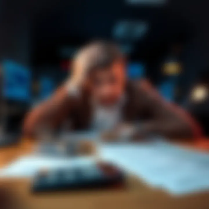 A concerned trader sits at a table with financial documents and a calculator, looking stressed about tax issues related to trading profits.