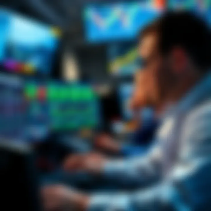 A group of traders examining charts and data on computer screens, focusing on market trends and risk management during a volatile trading day.