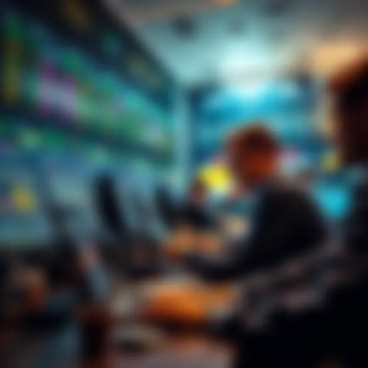 A group of traders studying Bitcoin price charts on laptops, discussing short selling strategies in a busy trading room.