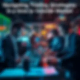 Group of traders reviewing graphs and charts on laptops, focusing on market strategies in a busy office space