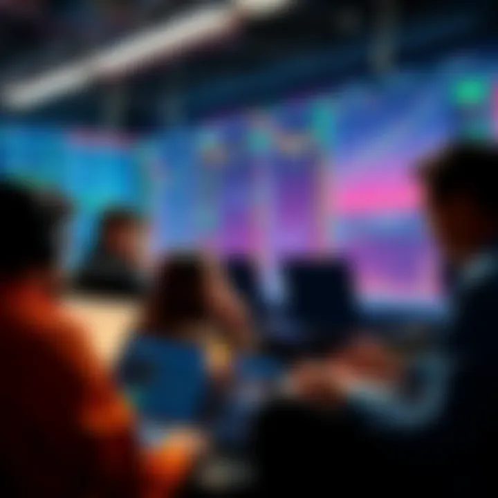 A group of traders looking at charts and graphs related to Polymarket and Kalshi on laptops, discussing market trends and strategies for profitability.