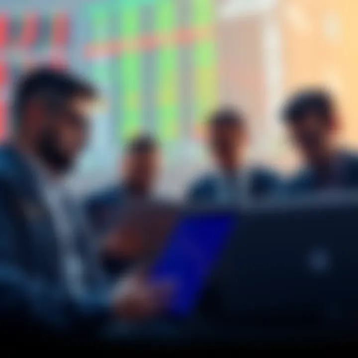 Group of traders analyzing Bitcoin charts on laptops as US stock market trends down
