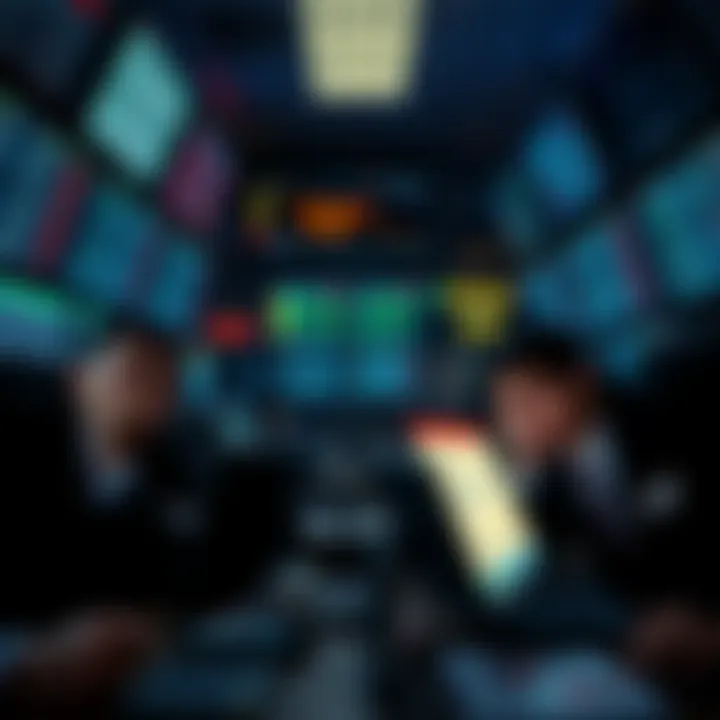 A group of tired traders in an office, surrounded by flickering screens showing stock prices, looking worried as alerts go off in a dimly lit room