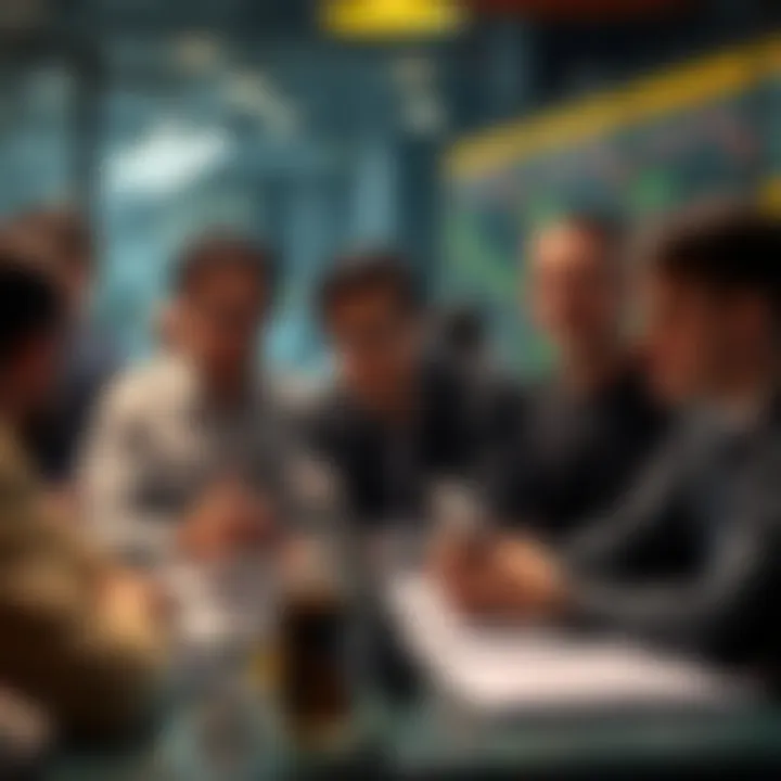A group of traders discussing their experiences and challenges in a casual setting.