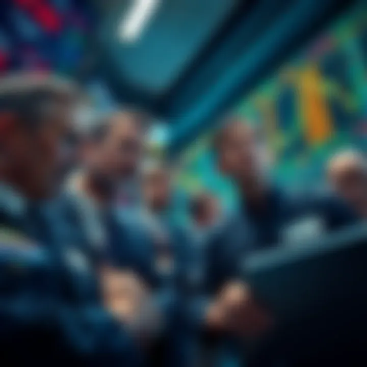 A group of stressed traders looking at fluctuating stock charts with worried expressions, indicative of a challenging economy shaped by political changes.