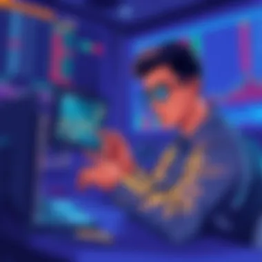 An illustration showing a beginner analyzing trading charts and utilizing video resources.