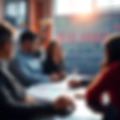 A group of people discussing trading ideas over financial charts and graphs in a casual setting.