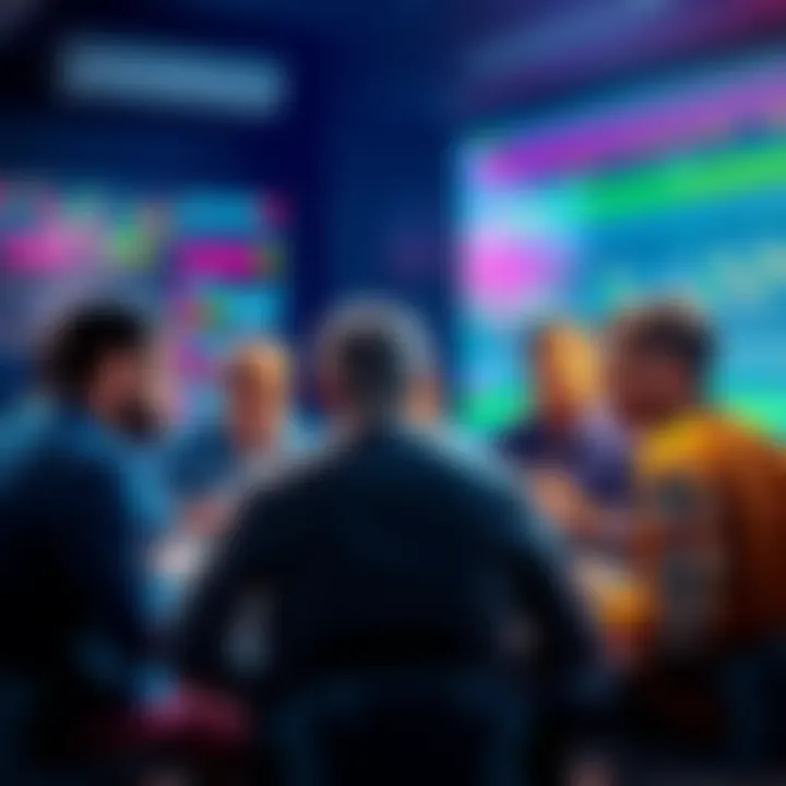 A group of people engaging in a lively discussion about trading strategies and daily events, exchanging ideas and insights in a collaborative environment.