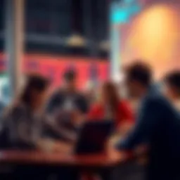 A group of people discussing trading strategies and tips in a casual setting, with laptops and charts visible.