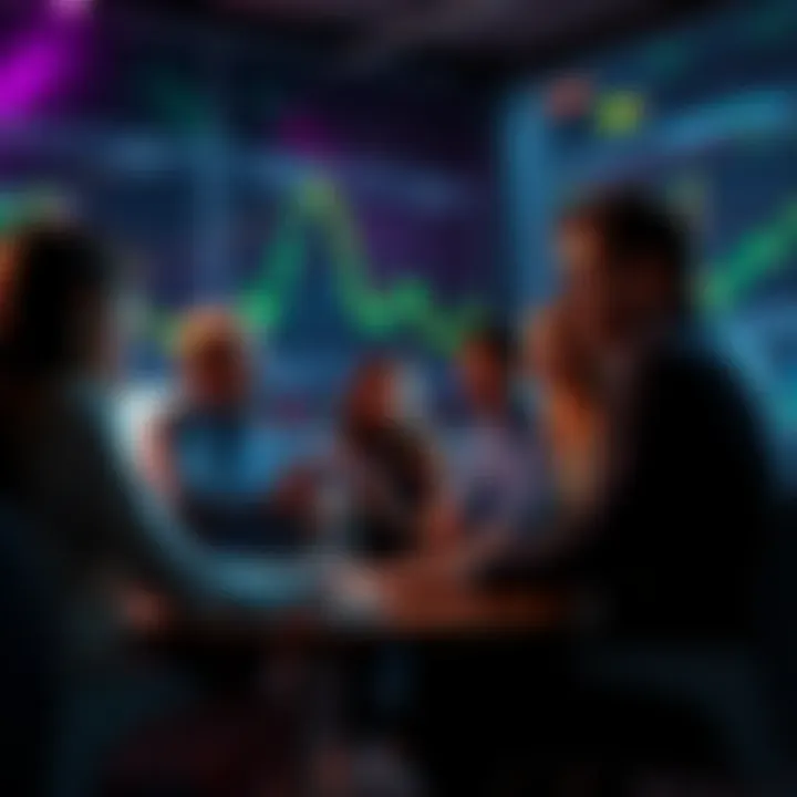 A group of people engaging in a discussion about trading strategies and ideas with charts and graphs in the background.