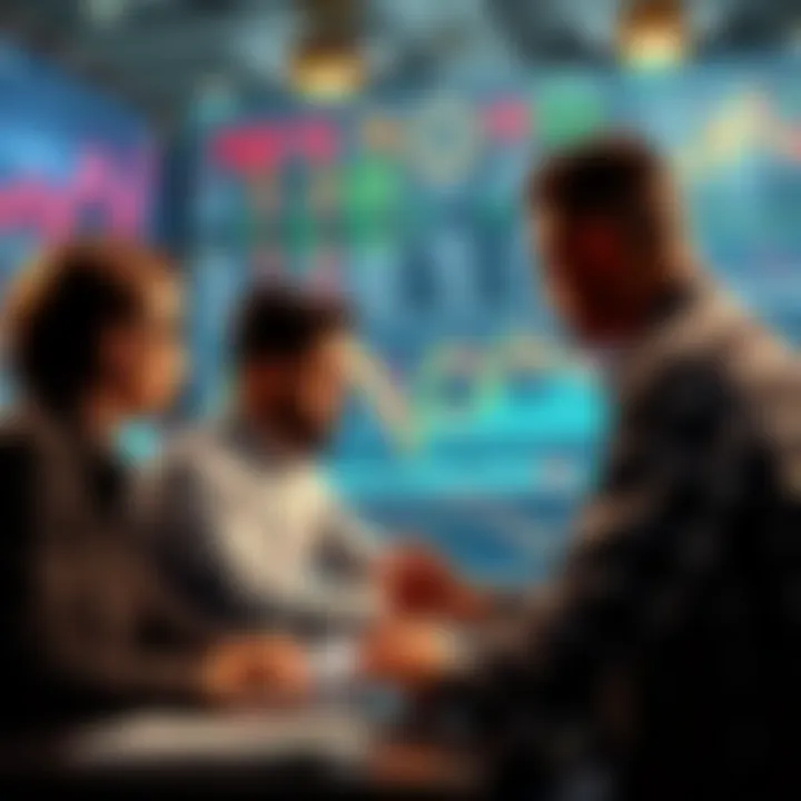 A group of people engaged in a discussion about trading strategies and ideas, with charts and graphs in the background.