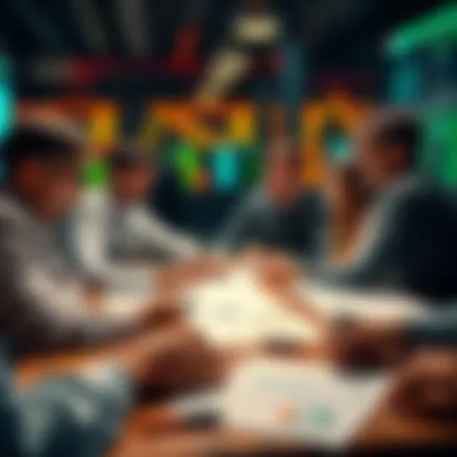 A group of people discussing trading strategies with charts and graphs on a table.