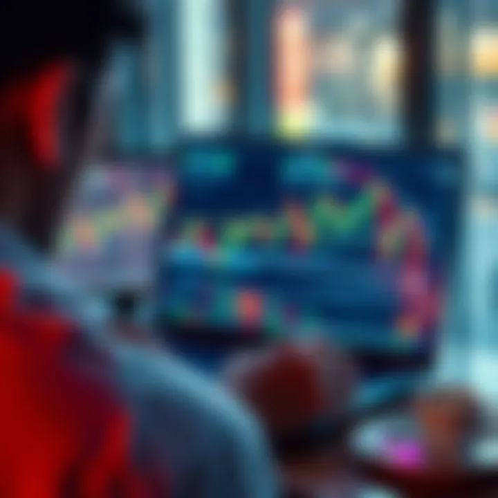 A person analyzing trading charts on the Iqcent platform with a laptop and coffee