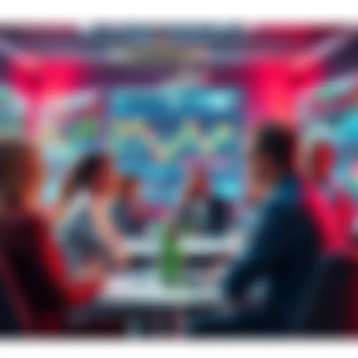 People sharing trading strategies and insights in a forum setting with charts and graphs in the background.