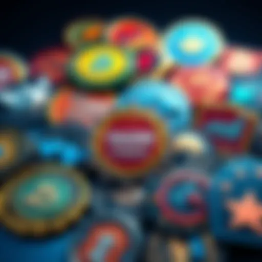 A collection of colorful trading badges with various designs representing achievements and profits in trading.