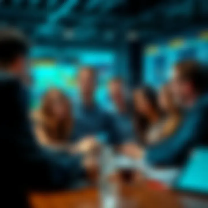 A lively group of people discussing trading strategies and market trends in a supportive setting.