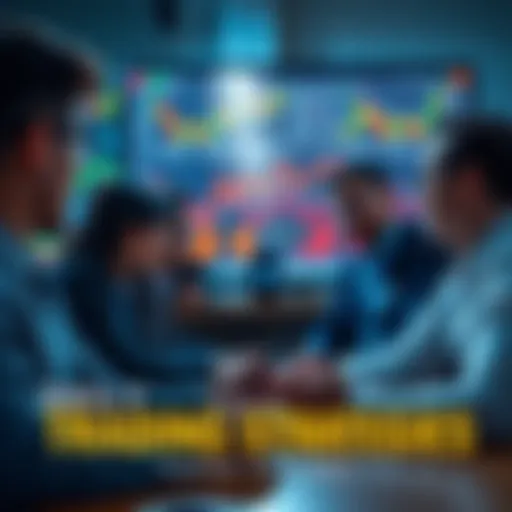 People engaging in a discussion about trading ideas and strategies, with some charts and graphs on a screen in the background.