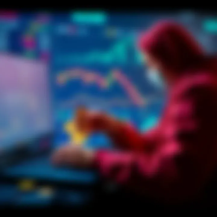 A person looking at cryptocurrency charts on a laptop while holding Dogecoin coins, considering a trade