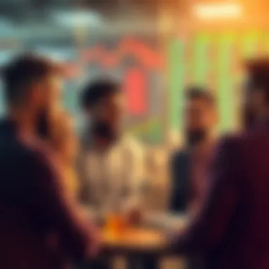 A group of diverse people engaged in a trading discussion, sharing their thoughts on investments and market trends.