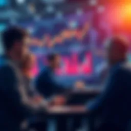 People discussing trading strategies and insights with charts and graphs in the background