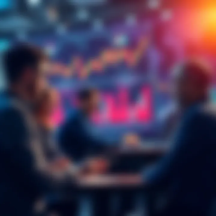 People discussing trading strategies and insights with charts and graphs in the background