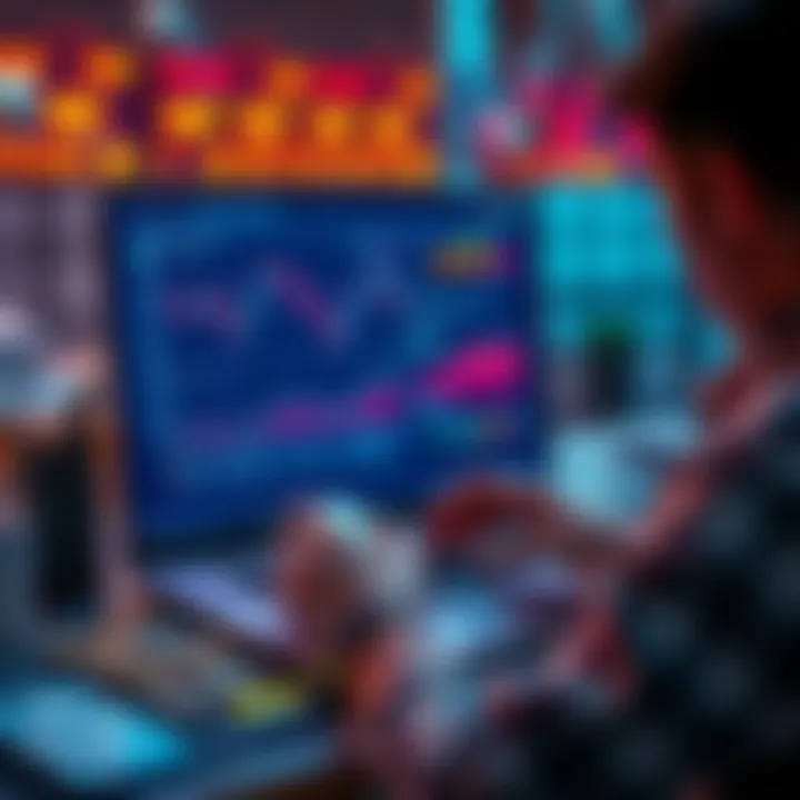 A beginner analyzing memecoins on a laptop with graphs and tokens displayed on the screen