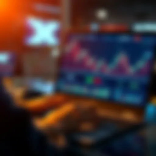 A person using a laptop to trade cryptocurrencies and gold on the AlphaX platform, with charts and graphs displayed on the screen.