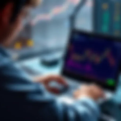 A person using a laptop, analyzing cryptocurrency graphs and making trading decisions on BitMart platform.