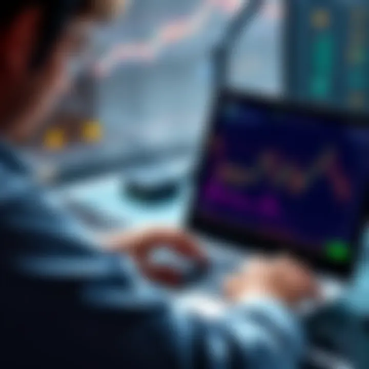 A person using a laptop, analyzing cryptocurrency graphs and making trading decisions on BitMart platform.