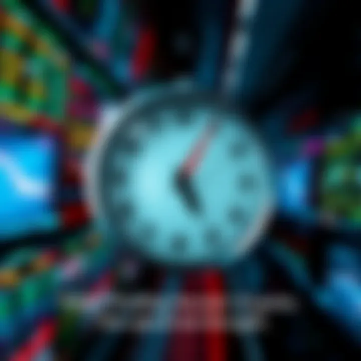 A montage of stock market screens displaying rapid trade fluctuations with a blurred clock superimposed, symbolizing the urgency of modern trading practices.