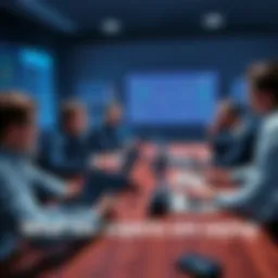 A group of experienced traders sharing insights around a table with charts and laptops