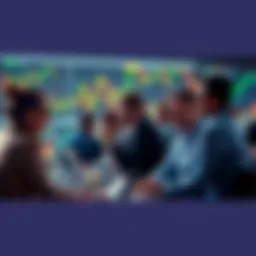 People exchanging trading tips and strategies at a forum with charts and graphs in the background