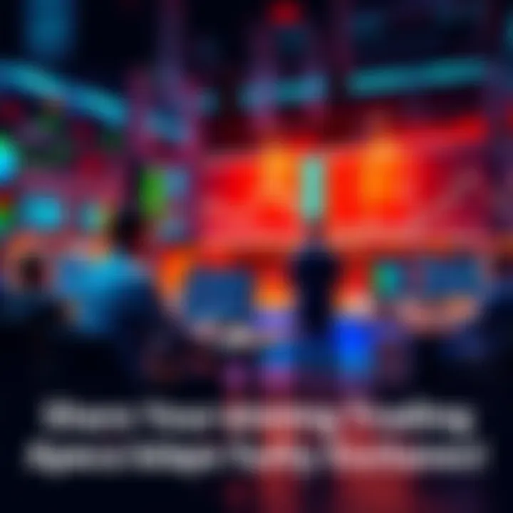 Dynamic Trading Strategies Exchange A vibrant graphic depicting traders sharing ideas and setups in a community setting, with stock charts and graphs in the background.