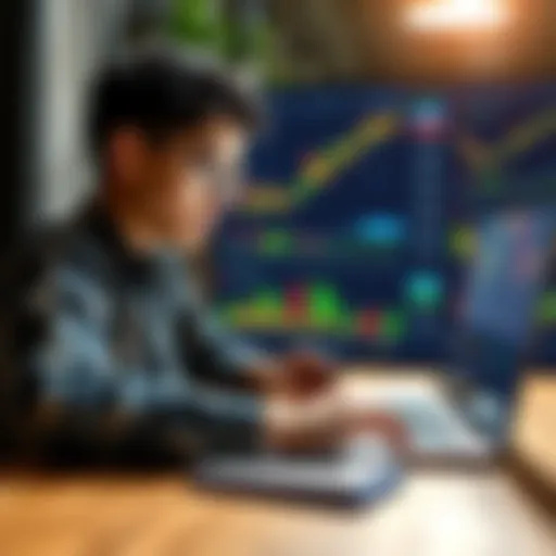 A young person looking at financial charts on a laptop, with notes and a pen nearby, ready to learn about trading.