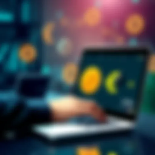 Transferring Cryptocurrency Assets A person using a laptop to transfer BTC and ETH, with icons of euro and wallet in the background