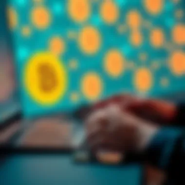 A person using a computer to transfer Bitcoin from a Ledger device to a digital wallet like MetaMask, with Bitcoin logos in the background.