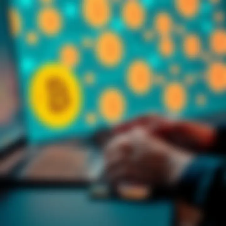 A person using a computer to transfer Bitcoin from a Ledger device to a digital wallet like MetaMask, with Bitcoin logos in the background.