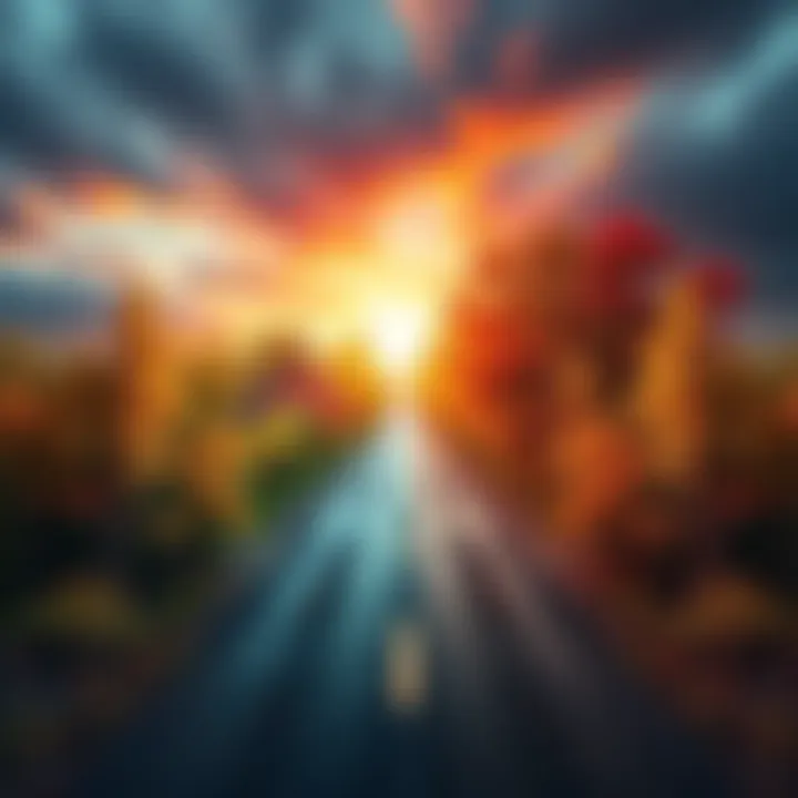 A compelling visual representing the concept of change and new perspectives, featuring a road that splits into two paths, one vibrant and flourishing, the other dull and stagnant.