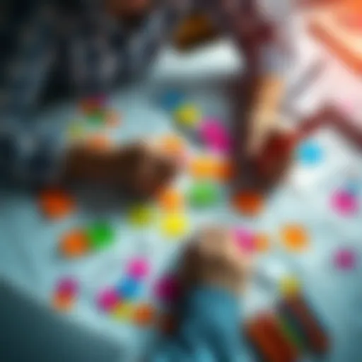 A person brainstorming ideas with colorful notes and sketches on a table, showcasing creativity and innovation.
