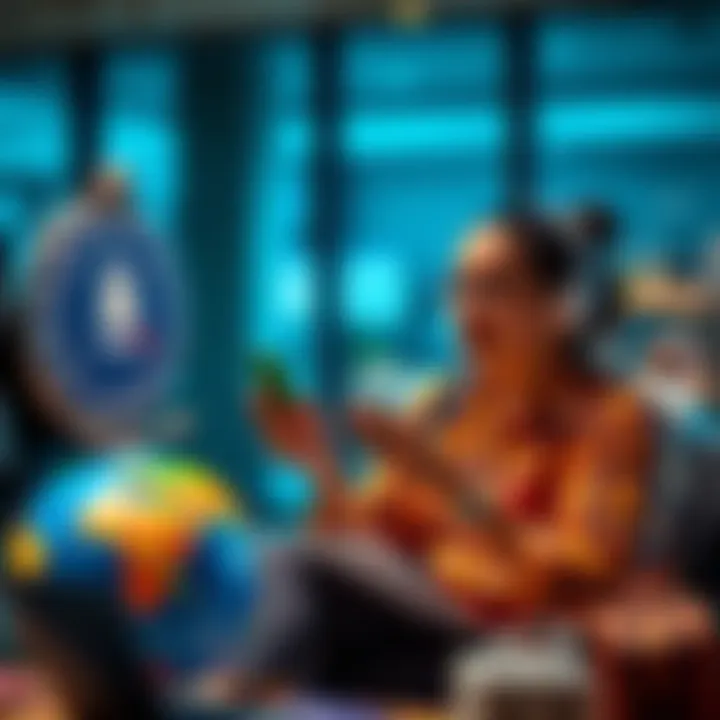 A person comparing travel card and debit card options for international payments, with a globe and travel items nearby.