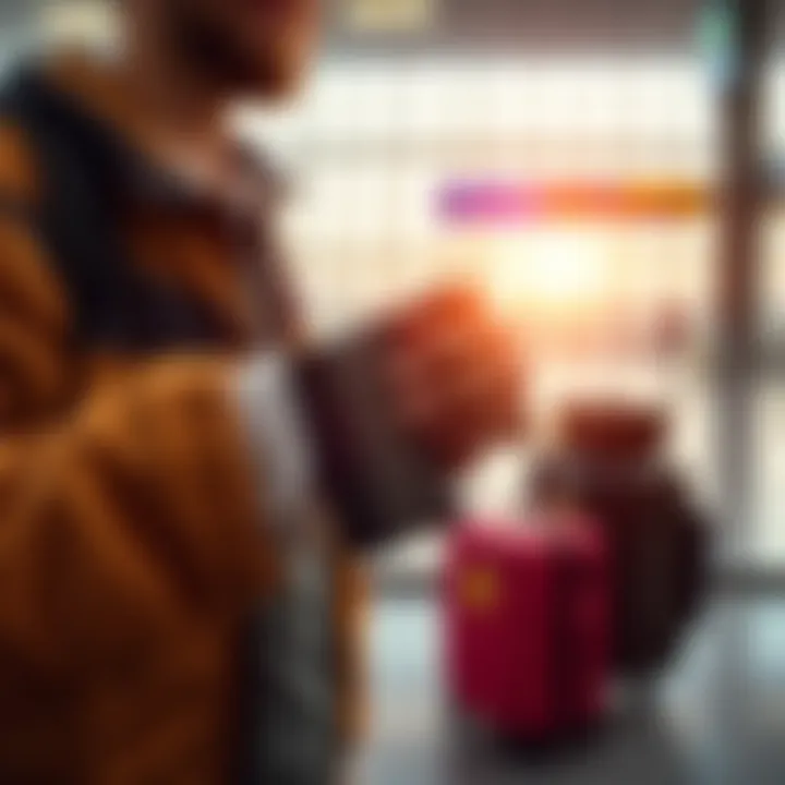 Person holding a Ledger hardware wallet at an airport with luggage in the background.