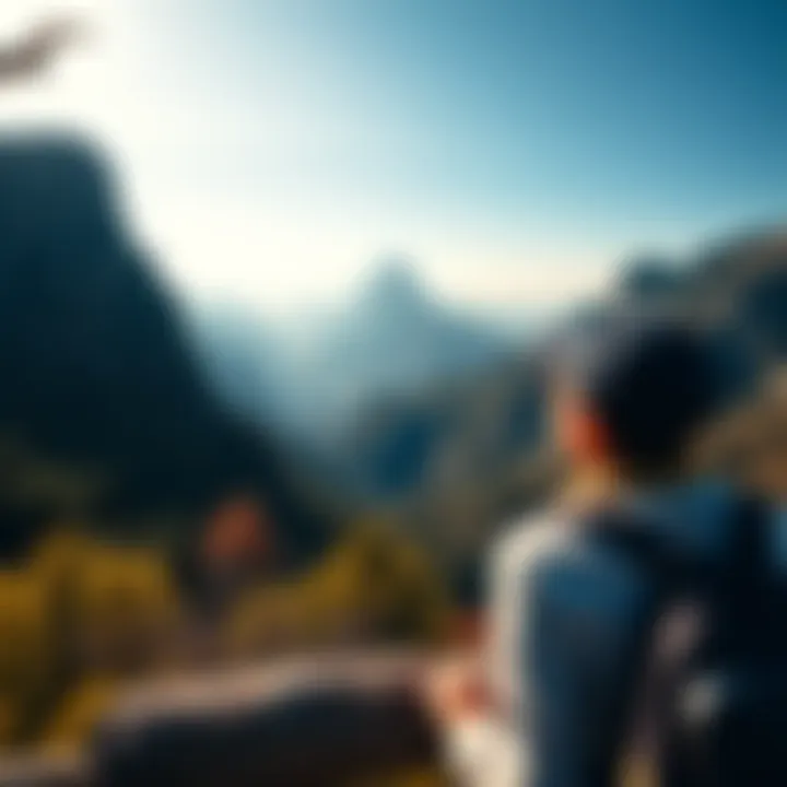 Person enjoying a scenic view of mountains during an overseas trip