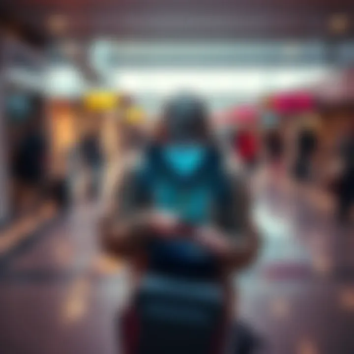 A traveler in distress at a foreign airport, surrounded by closed bank apps on a smartphone and empty wallet, symbolizing digital banking challenges.