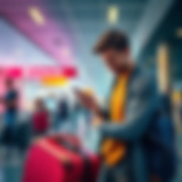 A frustrated traveler looking at a travel rewards app on their phone while holding luggage at an airport