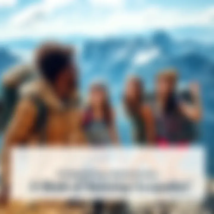 A group of friends hiking in the mountains with backpacks and smiles, enjoying the outdoors together.