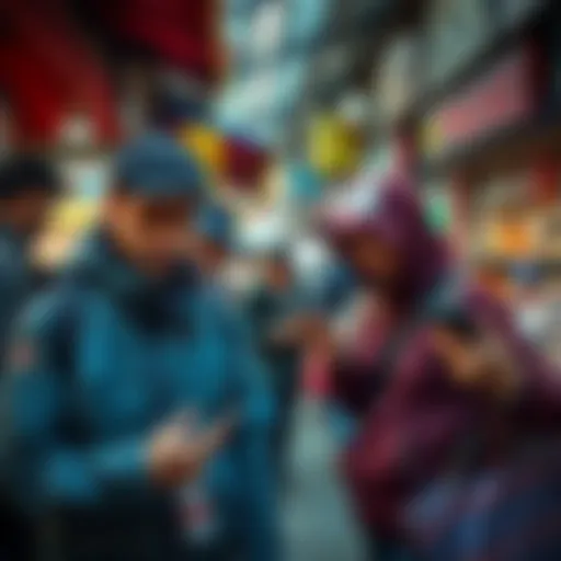 A group of travelers at a foreign market using cryptocurrency on their phones for purchases