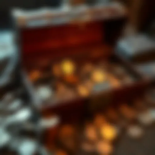 Treasure Chest Filled with Rare Coins A chest overflowing with various rare coins including silver dollars and half dollars discovered in a grandmother's bedroom