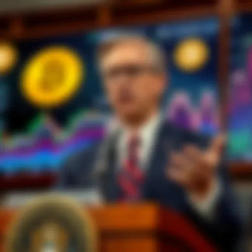 Treasury Secretary Scott Bessent speaks about budget-neutral strategies for acquiring Bitcoin, with graphs and Bitcoin symbols in the background.