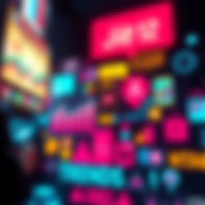 A colorful graphic showing various trend icons like graphs, social media, and fashion items.