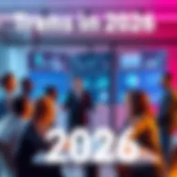 A diverse group of people discussing future trends in a modern office setting, with charts and graphs on a screen behind them.
